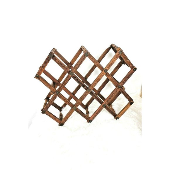 Vintage Wood Accordion Wine Rack Carved Dark Brown Holds 8 Bottles Bar Man Cave - Picture 1 of 5